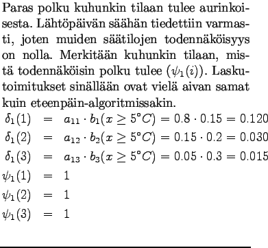 $\textstyle \parbox{.65\linewidth}{
Paras polku kuhunkin tilaan tulee aurinkoise...
...0.015\\
\psi_1(1)&=&1\\
\psi_1(2)&=&1\\
\psi_1(3)&=&1\\
\end{eqnarray*}}$