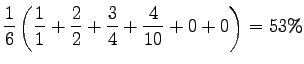 $\displaystyle \frac16 \left(\frac11 +\frac 22 + \frac34
+\frac4{10} + 0 + 0\right) = 53 \%$