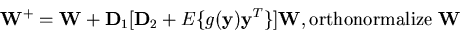 \begin{displaymath}{\bf W}^+={\bf W}+{\bf D}_1[{\bf D}_2+E\{g({\bf y}) {\bf y}^T\}]{\bf W},\mbox{orthonormalize } {\bf W}\end{displaymath}